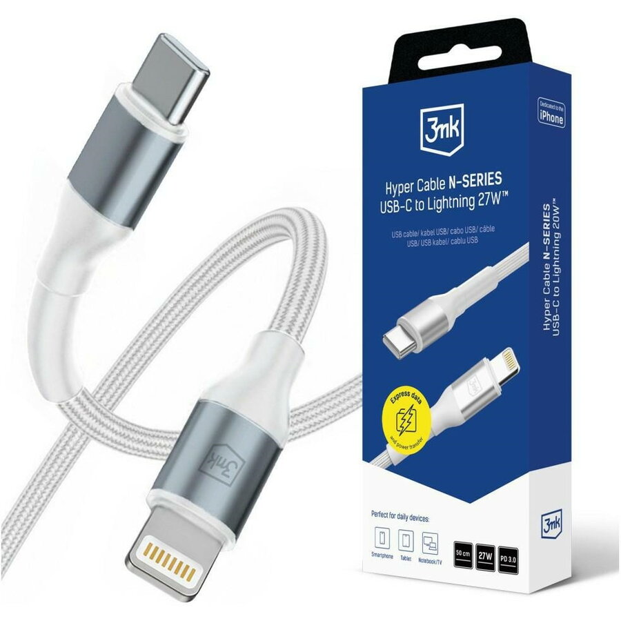Cablu de date Hyper N-SERIES, USB-C la Lightning, 27W, 3A, 0.5m, Alb