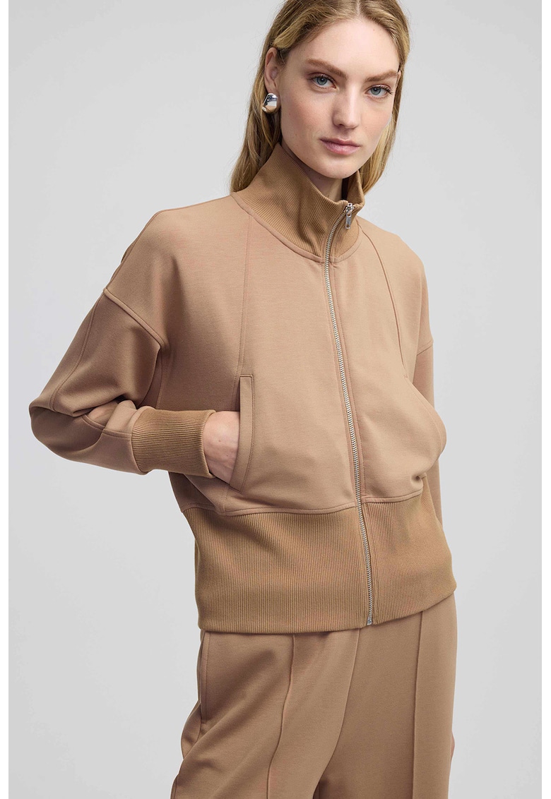 Bluza de trening cu maneci cazute si fermoar - Maro deschis