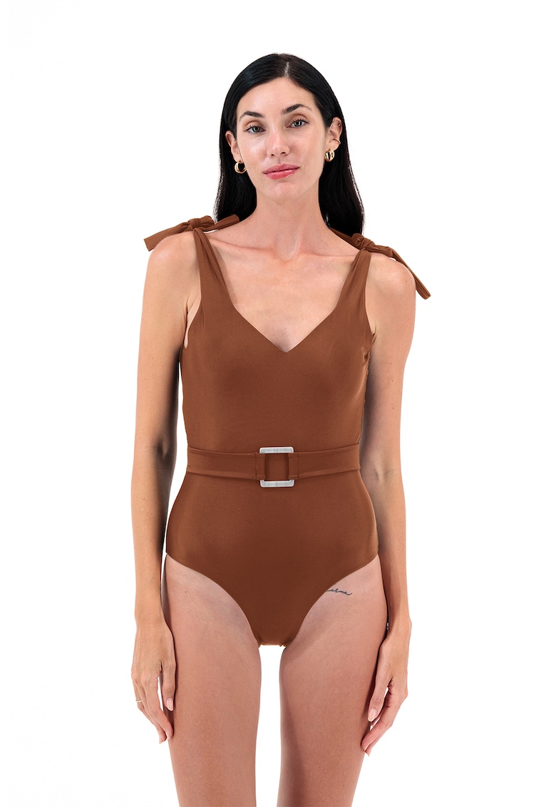 Costum de baie intreg cu o curea asortata - Maro deschis