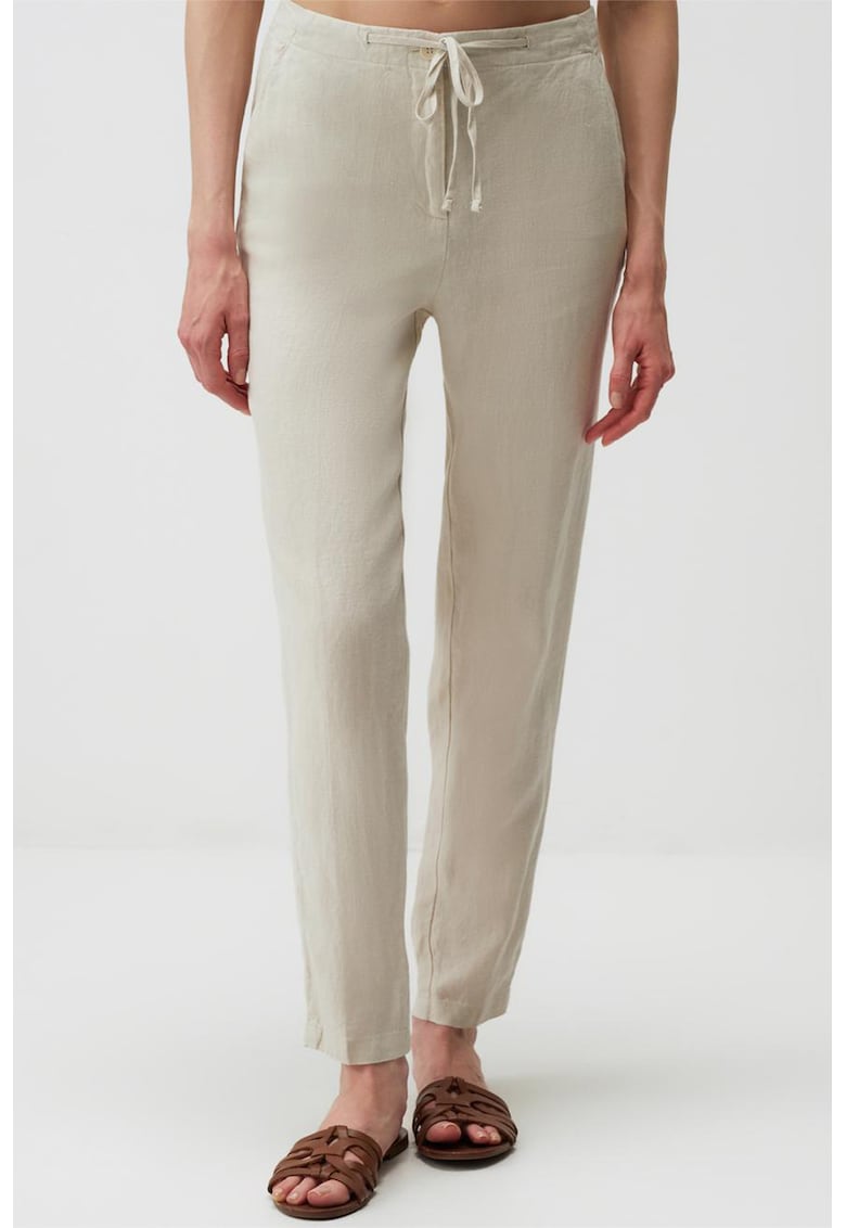 Pantaloni din in cu talie ajustabila - Bej deschis