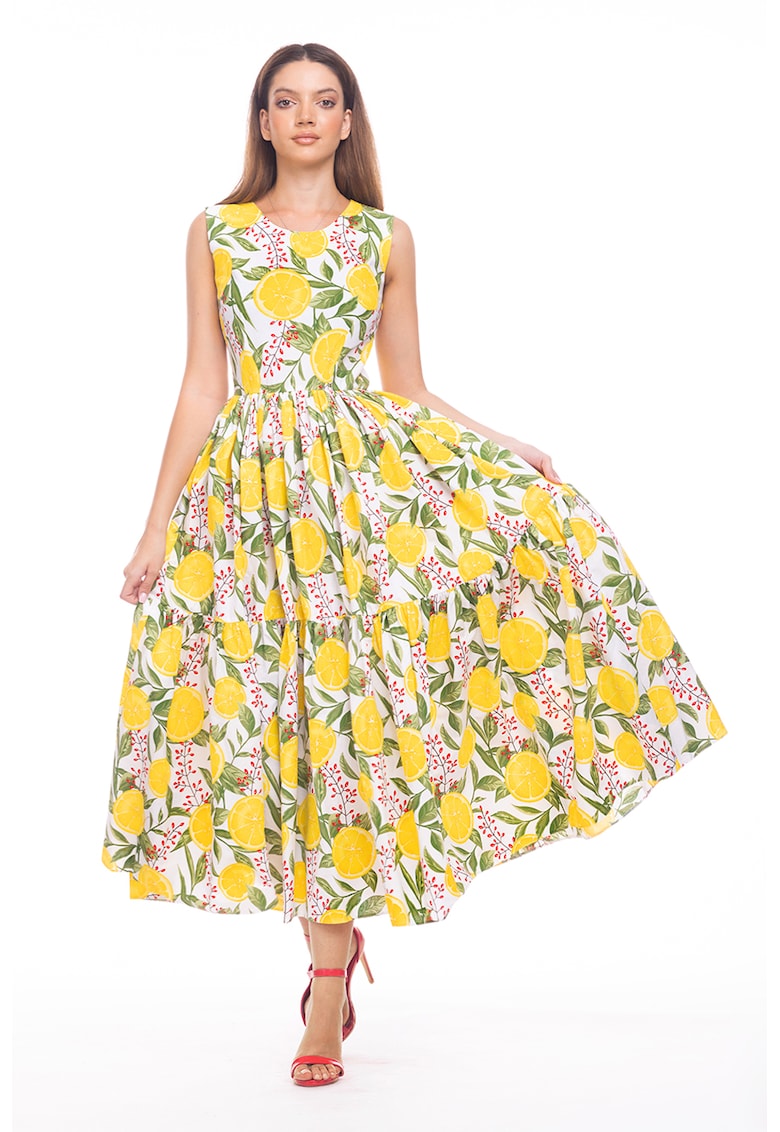 Rochie evazata fara maneci cu buzunare laterale - Rosu/Verde/Galben