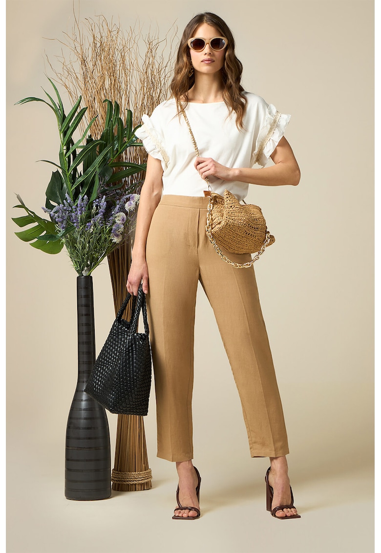 Pantaloni crop din amestec de in - Bej