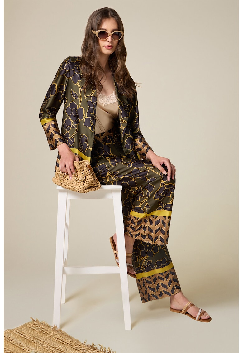 Pantaloni cu model si talie inalta - Galben/Verde masliniu
