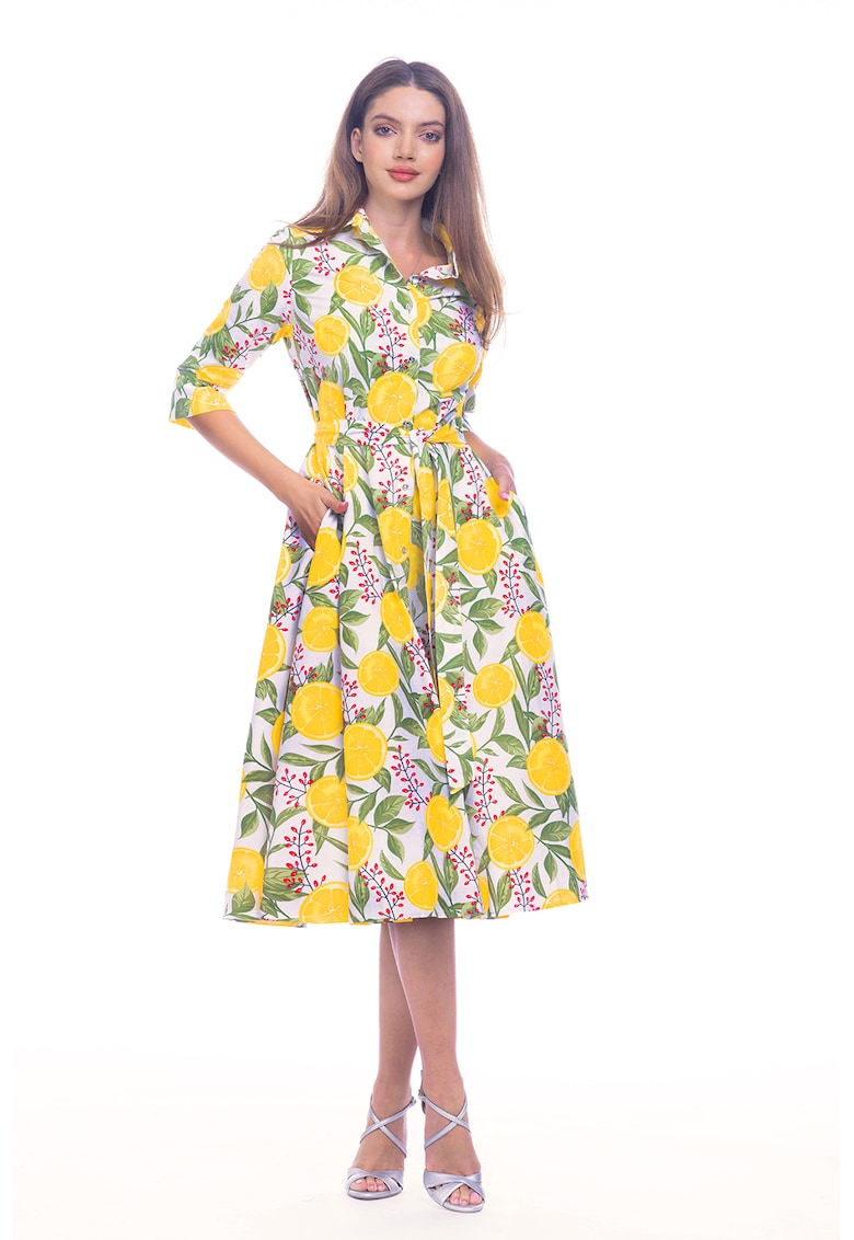 Rochie-camasa evazata cu cordon in talie - Rosu/Verde/Galben