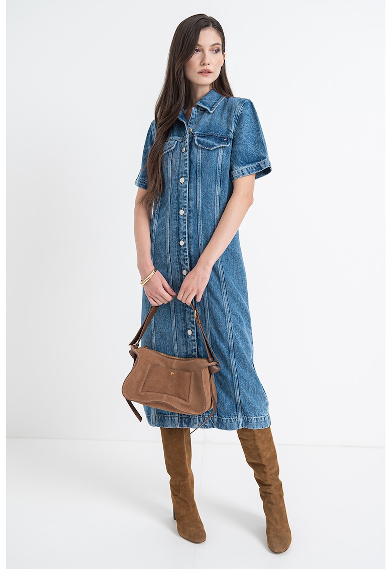 Rochie-camasa midi din denim - Albastru deschis
