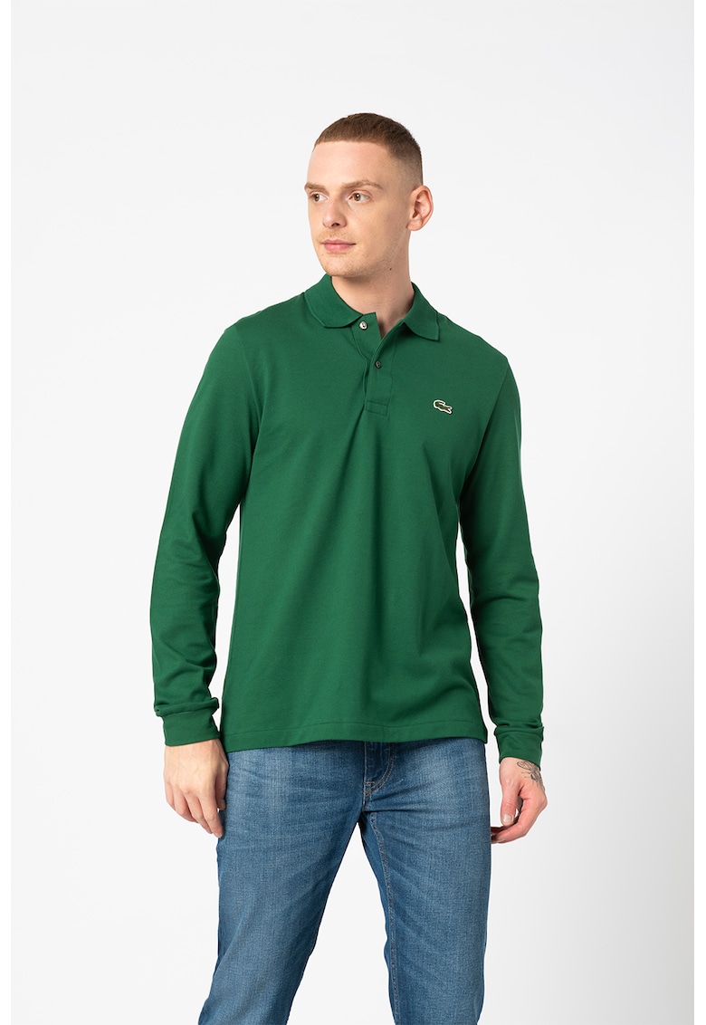 Bluza polo din bumbac si material pique - Verde inchis/Verde englez