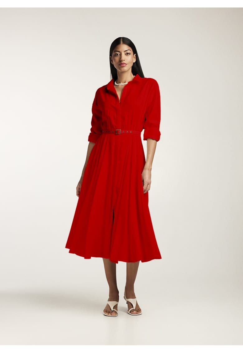 Rochie-camasa midi cu pliuri si o curea - Rosu