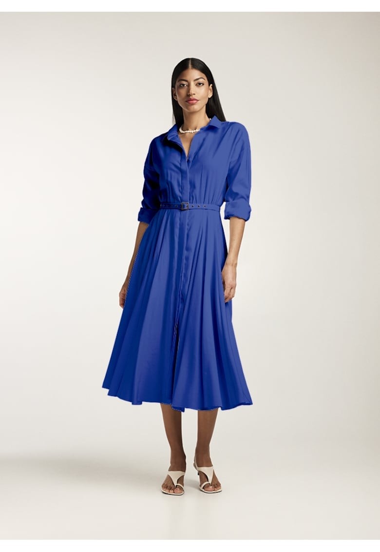 Rochie-camasa midi cu pliuri si o curea - Albastru