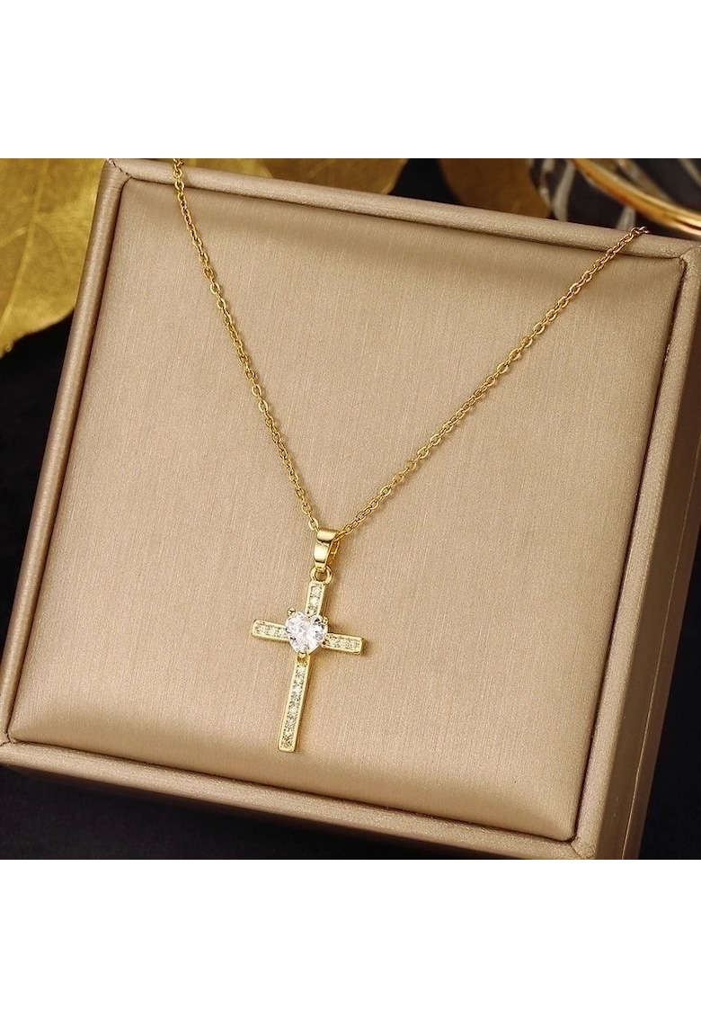 Colier auriu - din otel inoxidabil - suflat cu aur 18k - cu cruciulita si pietre din zirconiu - Indira C4