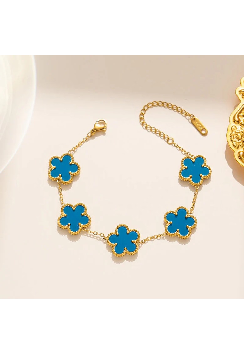 Bratara aurie - din otel inoxidabil - suflata cu aur 18k - cu floricele bleu - Iselina C5