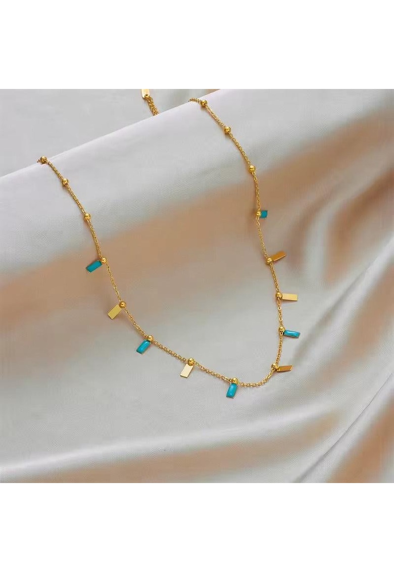 Colier auriu - din otel inoxidabil - cu piese turquoise - suflat cu aur 18k - Berite C9
