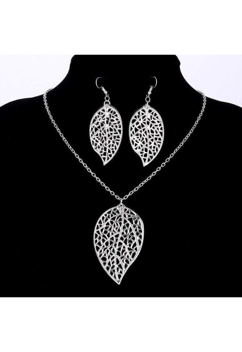 Set colier si cercei - argintiu - forma de frunze - Kadia C12 -