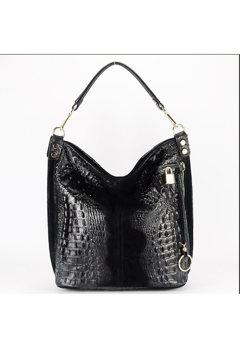 Geanta neagra din piele naturala cu imprimeu reptila 1915 M9 18085 - Negru
