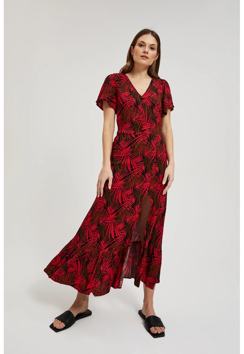 Rochie cu decolteu in V si imprimeu tropical  L-SU-4345 - Rosu