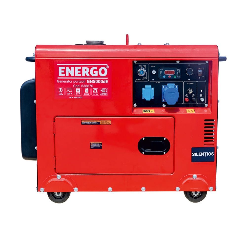 Generator portabil carcasat pe roti Energo Primax GN5000dE, diesel, 5 KW, rezervor 15 l