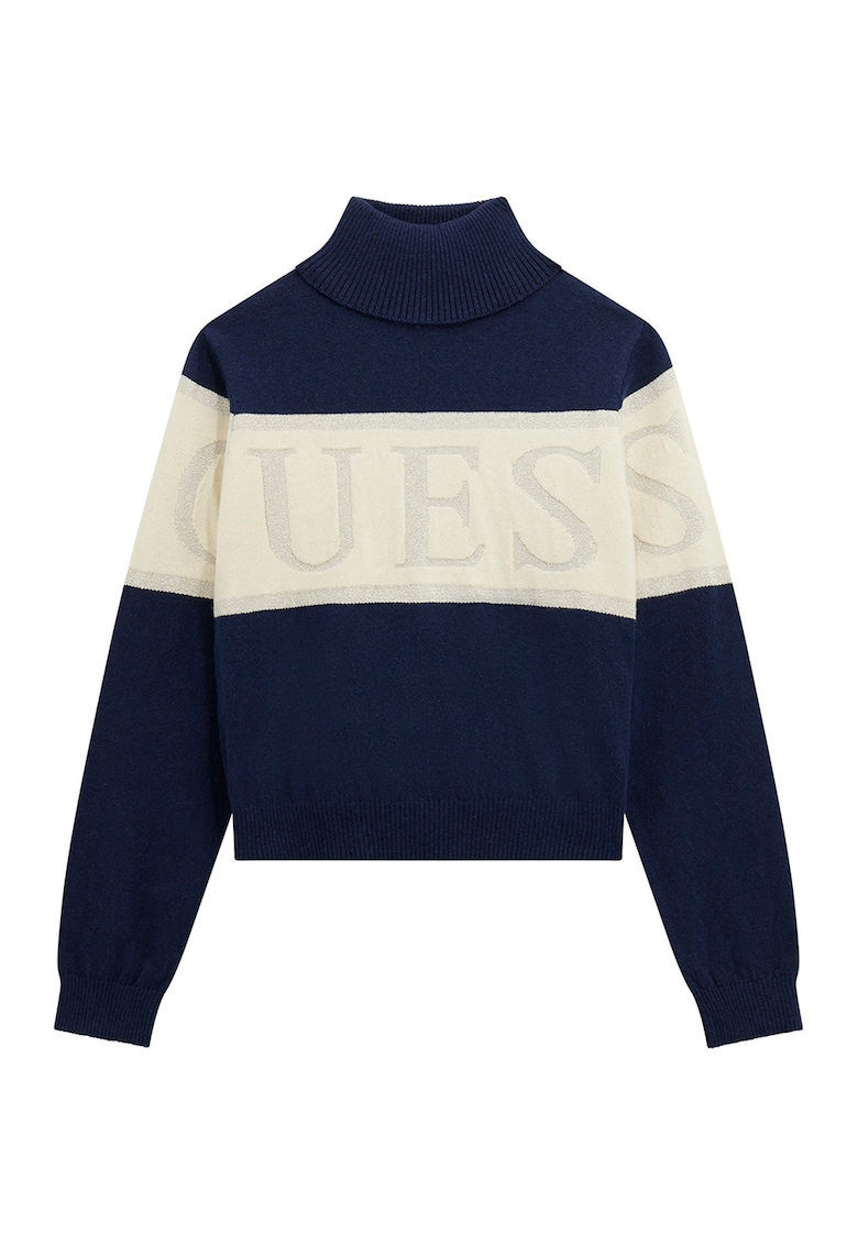 Pulover cu model logo si guler inalt - Crem/Bleumarin