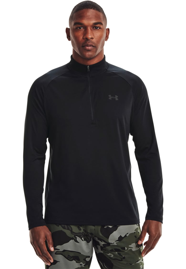 Bluza cu logo si fermoa scurt pentru fitness Tech™ - Negru