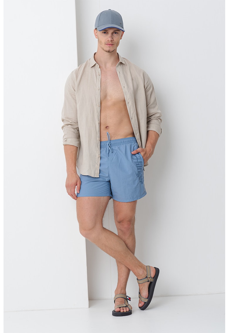 Pantaloni scurti de baie cu snur si buzunare laterale - Albastru prafuit