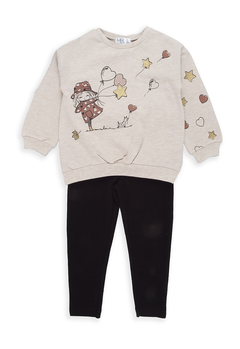 Set de pantaloni si bluza de trening cu imprimeu - 2 piese - Negru/Maro nisip