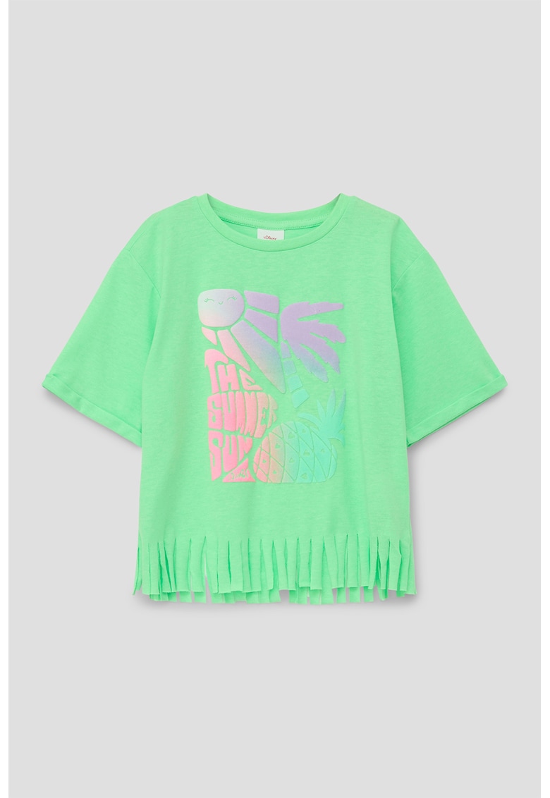 Tricou cu imprimeu si terminatie franjurata - Verde deschis