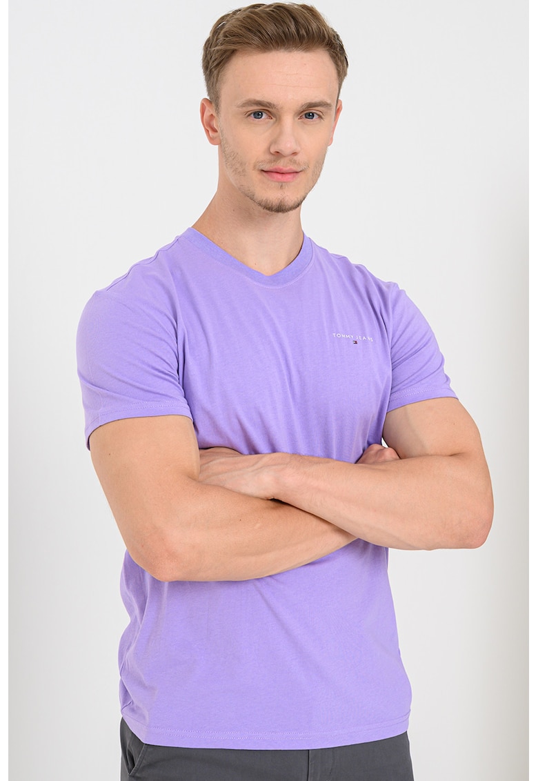 Tricou slim fit din bumbac cu logo discret - Lila