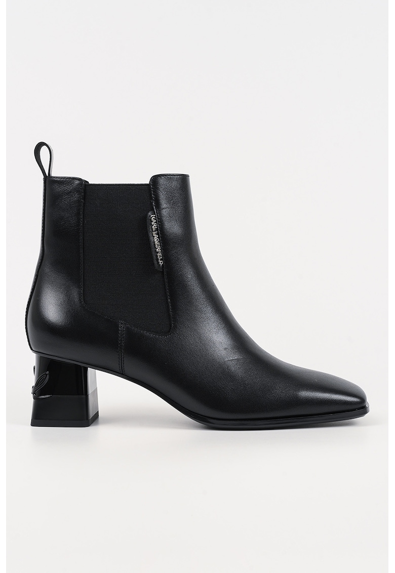 Botine din piele cu varf patrat si logo in relief pe toc - Negru