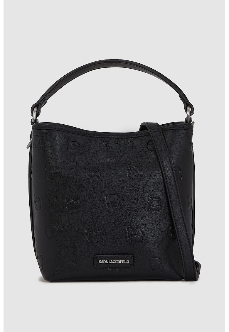 Geanta shopper cu model monograma si bareta detasabila - Negru