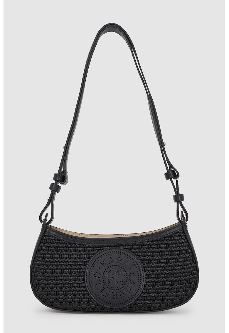 Geanta crossbody cu aspect crosetas si logo perforat - Negru