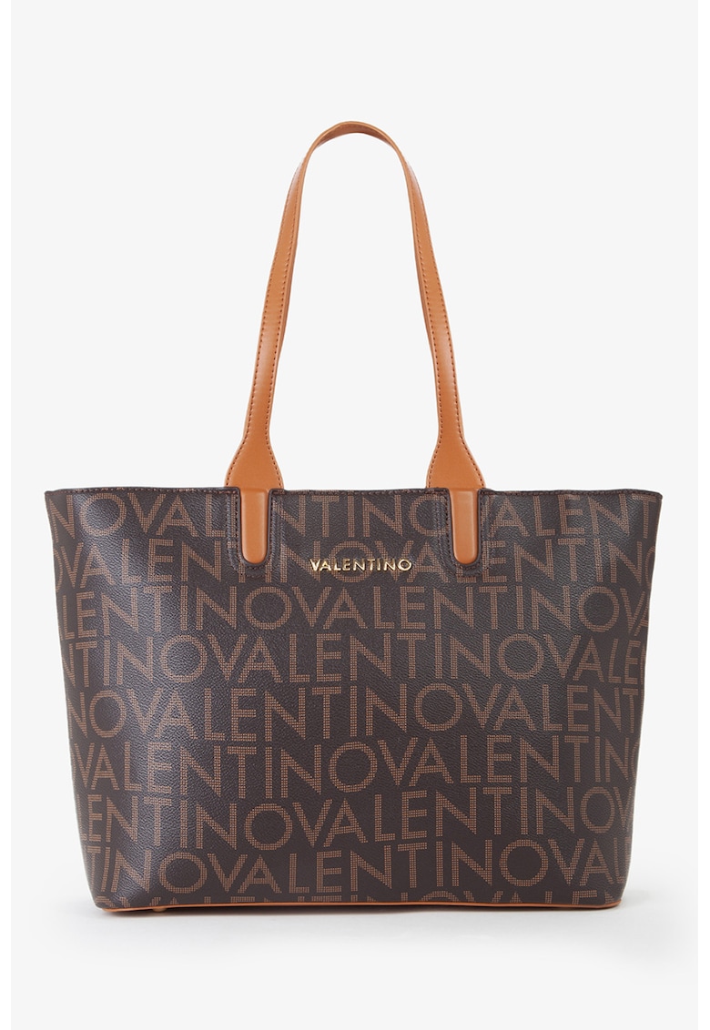 Geanta shopper de piele ecologica cu model logo - Maro inchis/Maro deschis