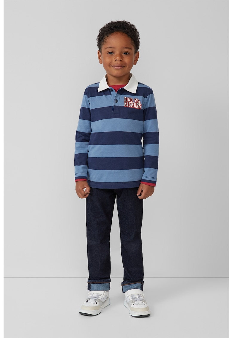 Bluza polo cu imprimeu text si dungi - Albastru prafuit/Bleumarin
