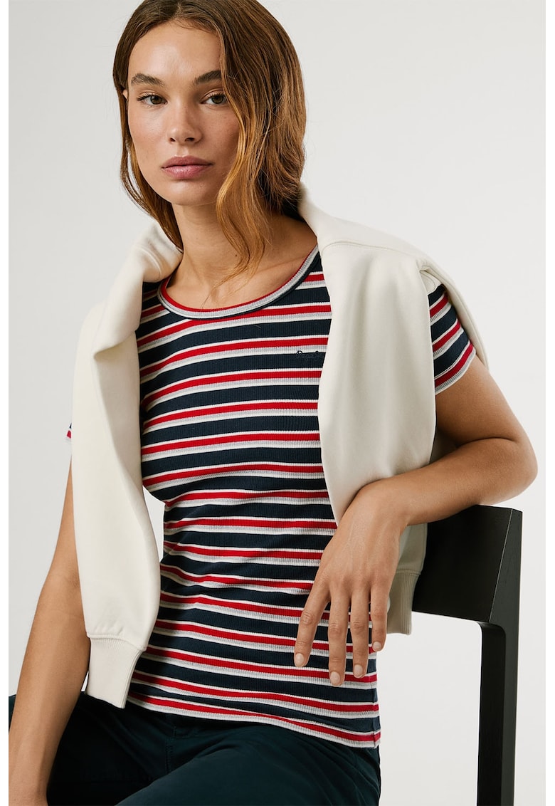 Tricou din amestec de bumbac cu model in dungi - Rosu/Alb/Albastru ultramarin