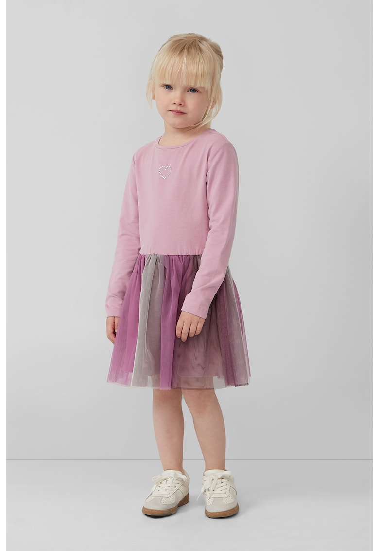 Rochie evazata cu insertii din tul - Verde/Roz prafuit
