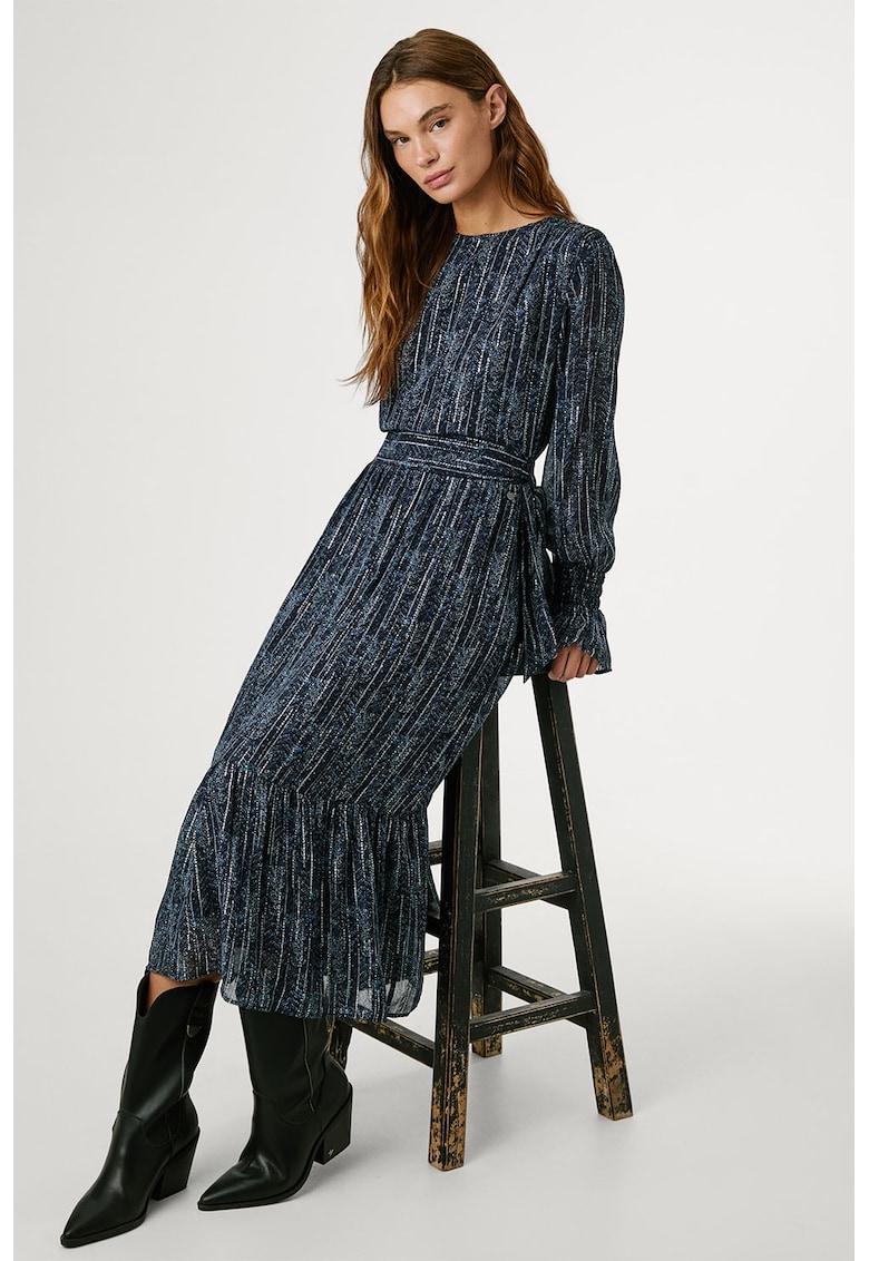 Rochie midi cu maneci lungi - Alb/Albastru lavanda/Bleumarin