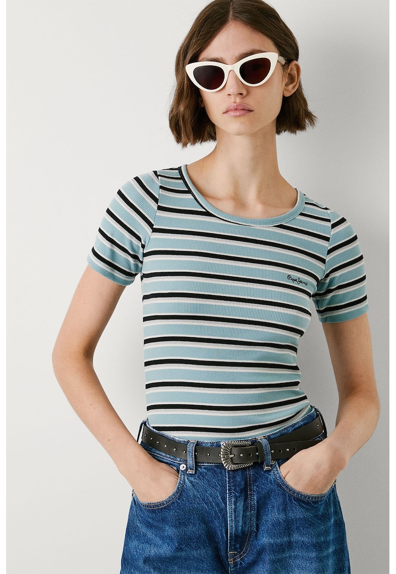 Tricou cu model in dungi si decolteu rotund - Alb/Negru/Turcoaz