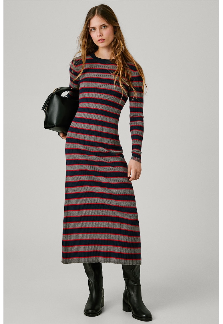 Rochie midi cu model in dungi - Rosu/Gri melange/Bleumarin