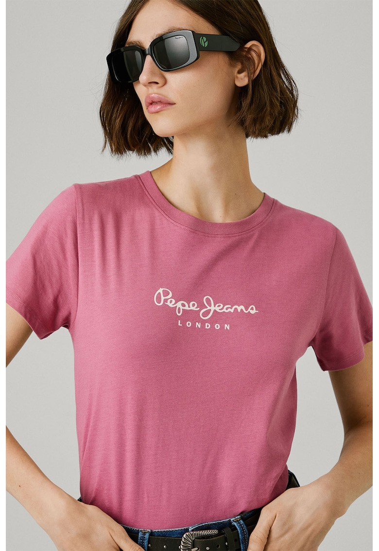 Tricou din bumbac cu decolteu la baza gatului si detaliu cu logo pe piept - Roz prafuit