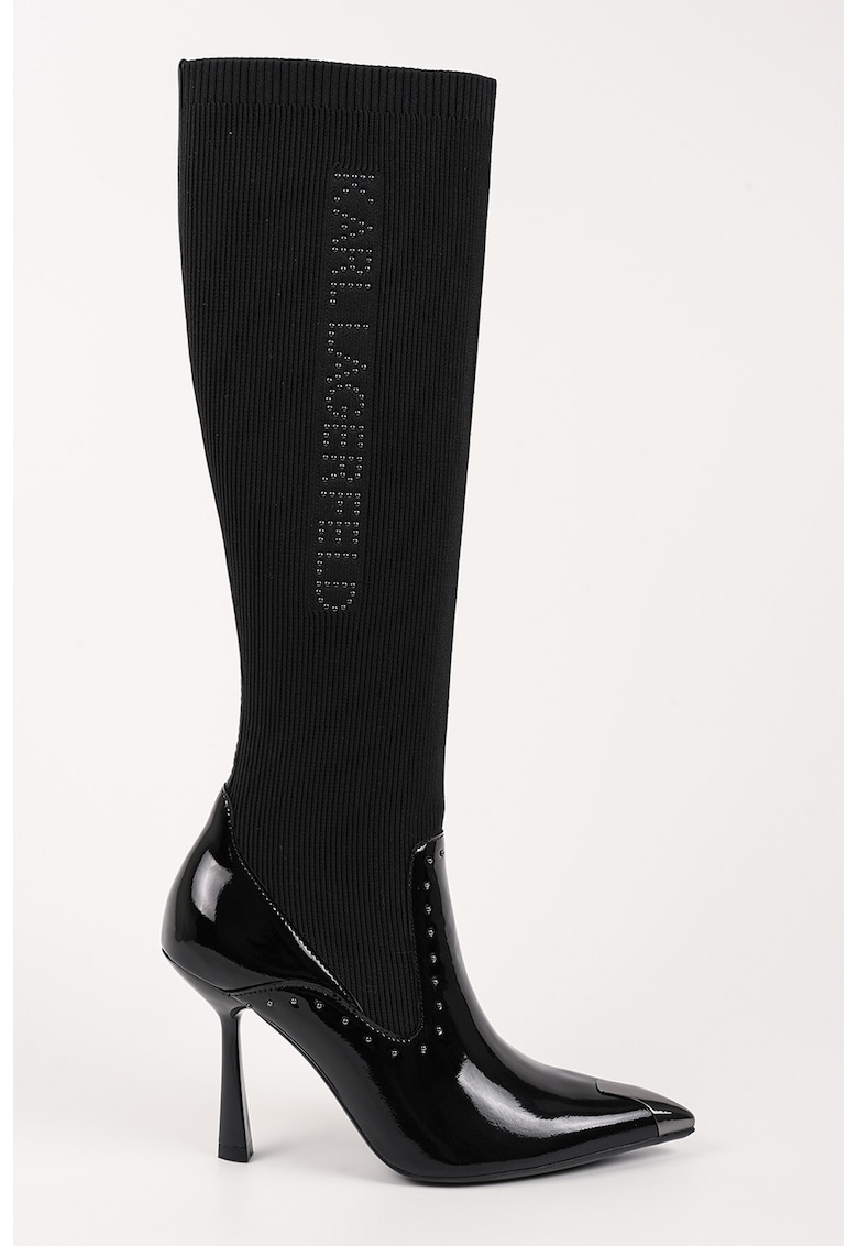 Cizme din piele si material textil cu toc stiletto - Negru
