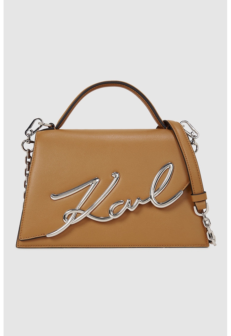 Geanta din piele cu maner Signature - Caramel/Argintiu