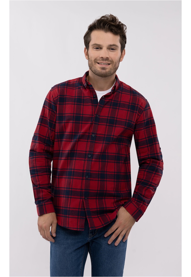 Camasa pentru barbati  K-Iseo - bumbac - maneca lunga - rosu cu carouri - Regular Fit