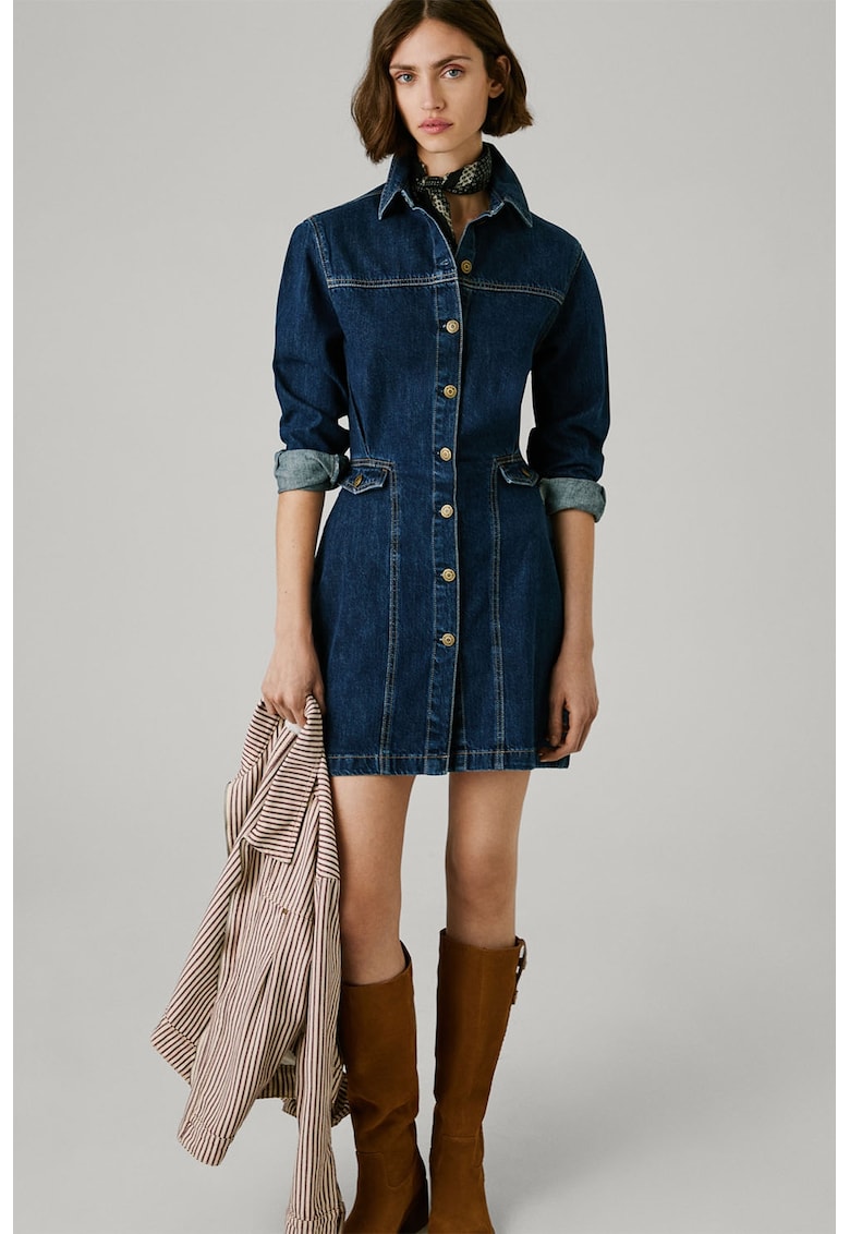 Rochie scurta din denim cu nasturi - Albastru inchis
