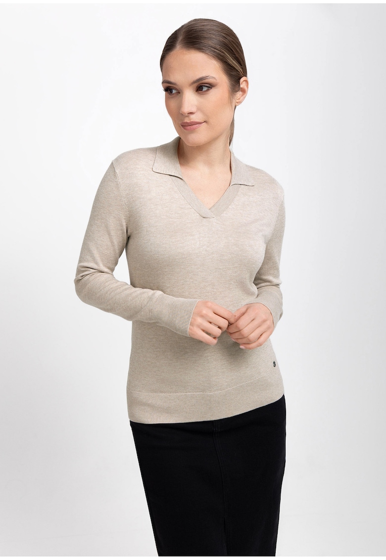 Pulover dama cu guler  S-Toyo - decolteu in V - Slim Fit - bej melange - Bej melange