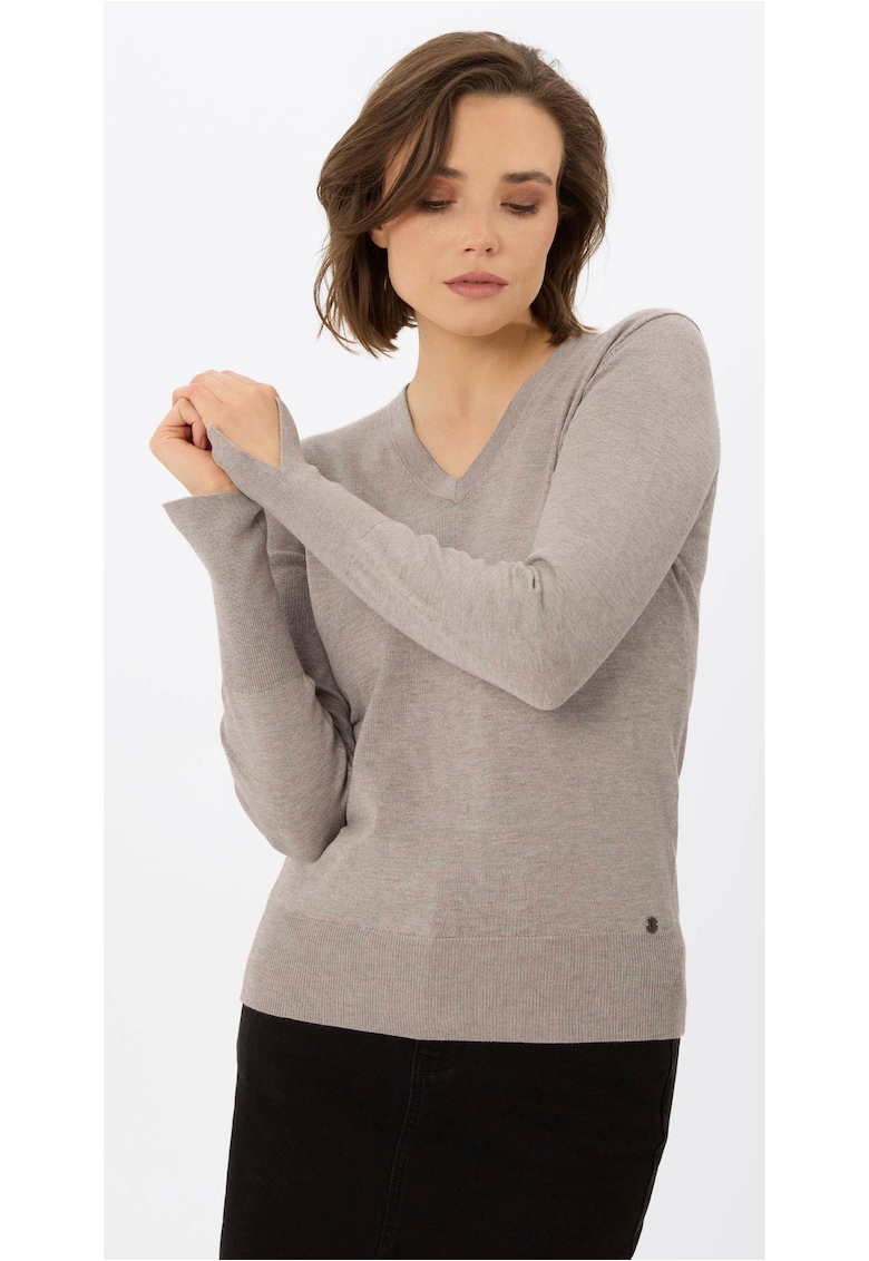 Pulover dama cu decolteu in V -  S-Neli - Slim Fit - bej melange - Bej melange
