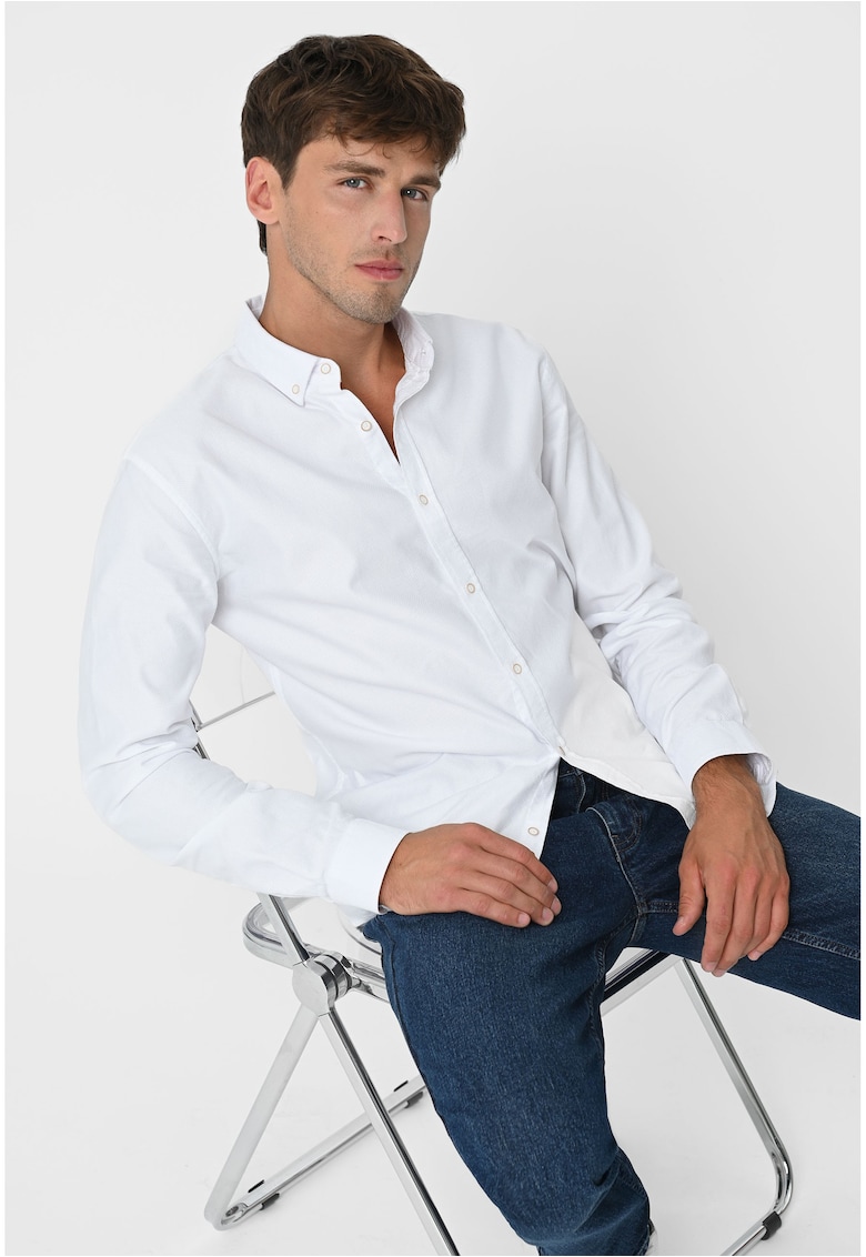 Camasa barbateasca din bumbac cu guler fixat cu nasturi - Slim Fit -  K-Salix - Alba - Alb