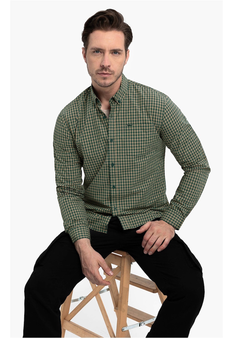 Camasa cu model in carouri - cu guler fixat cu nasturi - maneci lungi - Slim Fit -  K-Rube - Verde - Verde