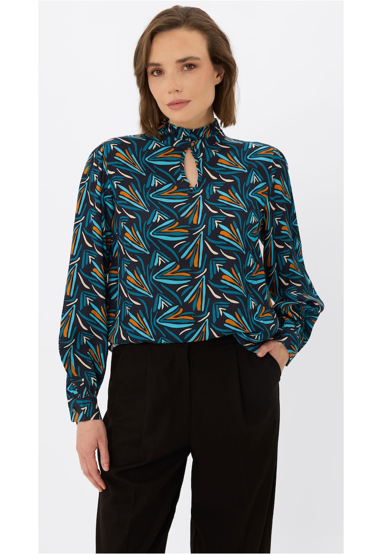 Bluza lejera cu maneci lungi - cu model abstract - guler cu volane -  K-Banax - torquaz - Turcoaz/Multicolor