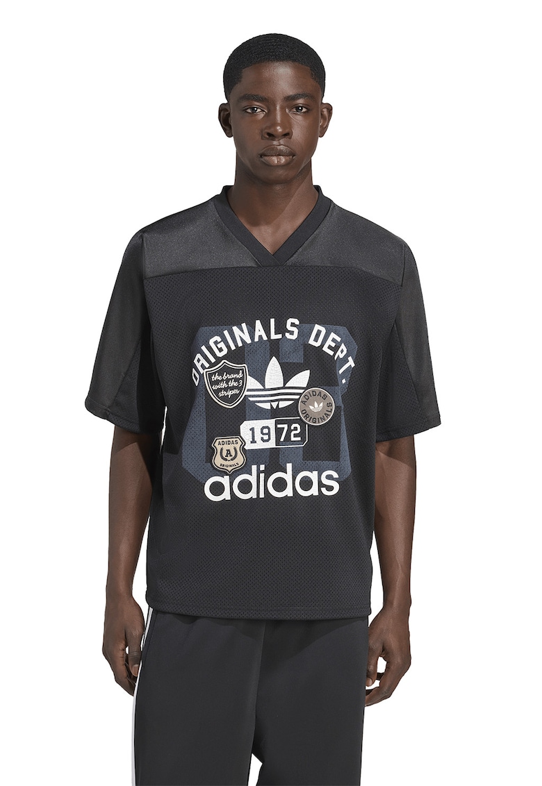 Tricou cu imprimeu logo si decolteu in V - Negru stins