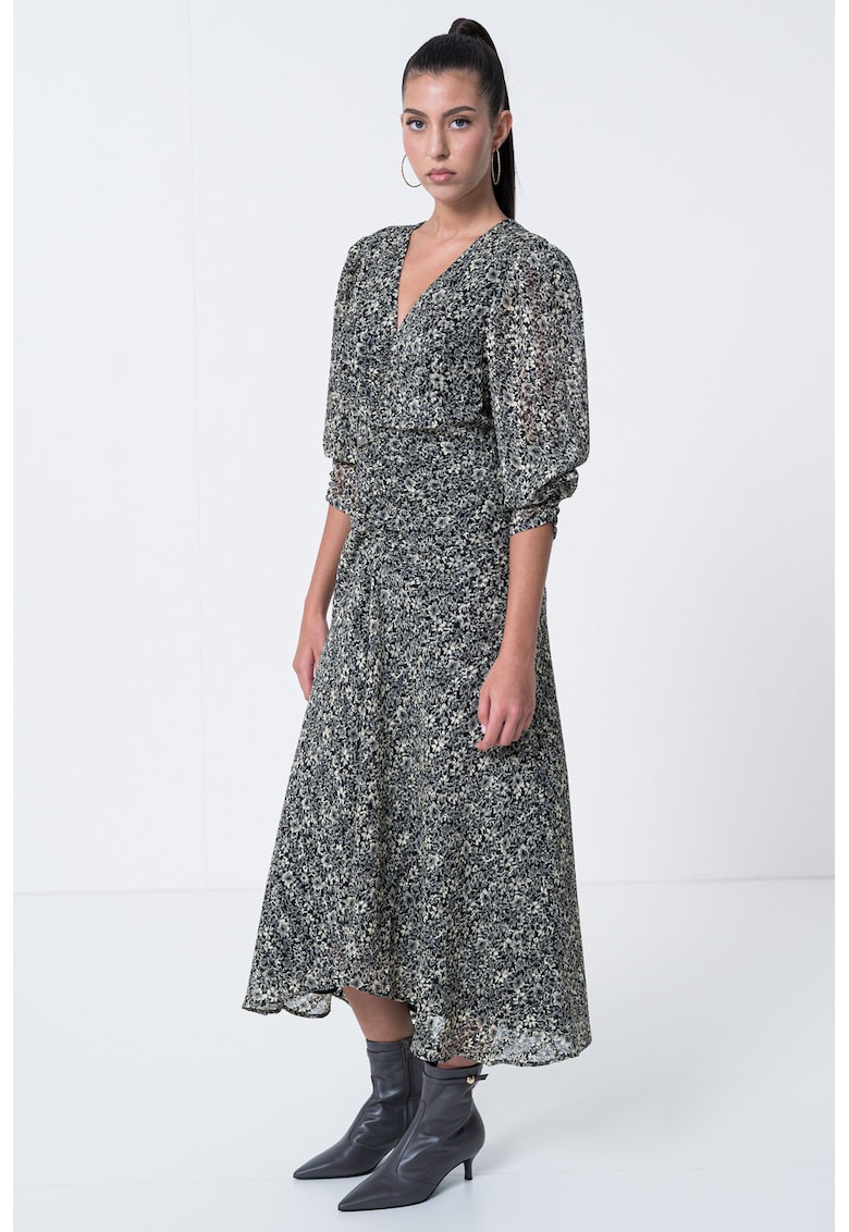 Rochie evazata cu maneci bufante - Negru/Crem