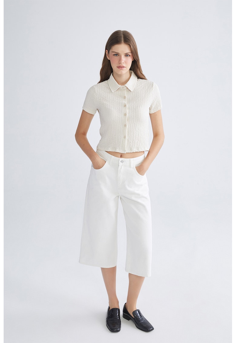 Camasa crop texturat cu maneci scurte - Bej deschis