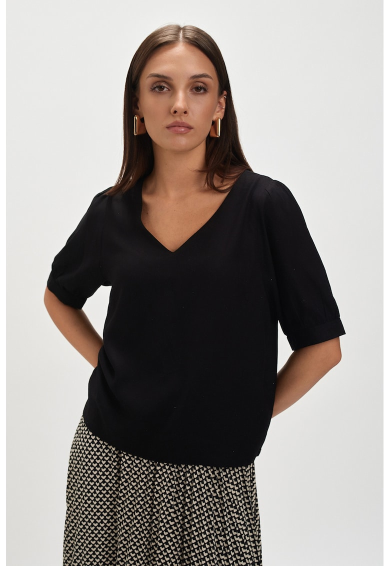 Bluza cu decolteu in V si maneci medii - Negru