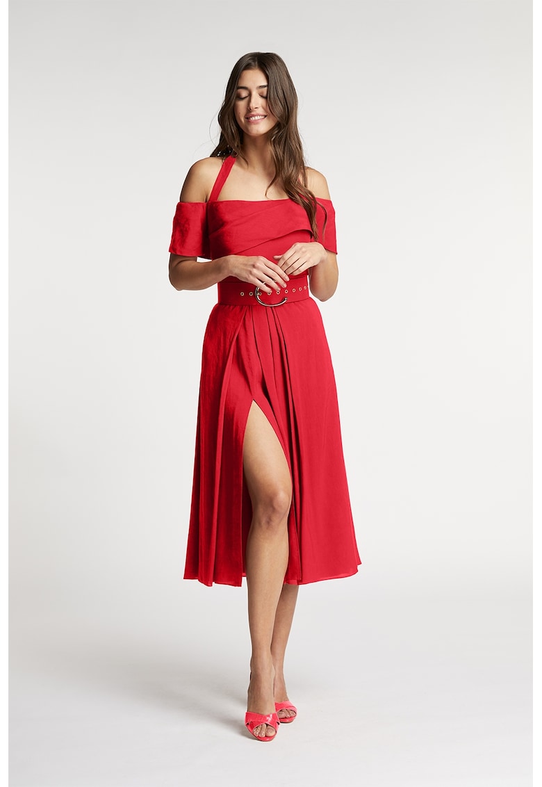 Rochie evazata din amestec de in cu slit lateral adanc Chimera - Rosu